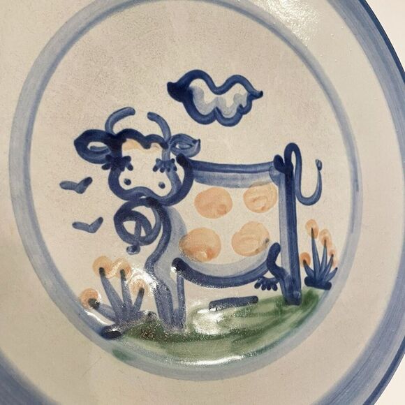 MA Hadley Pottery Hand Painted Folk Art Country 11" Cow/ Calf DINNER PLATE - Picture 2 of 4